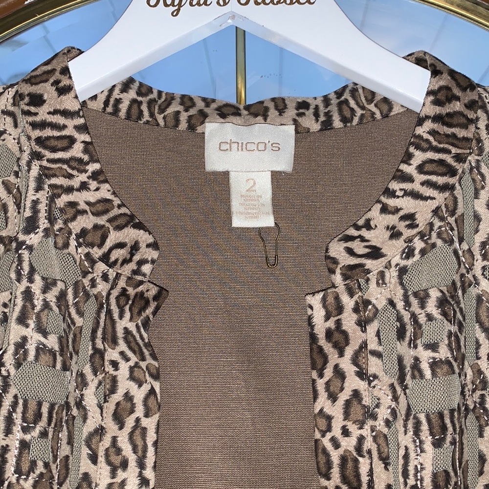 CHICO’s Taupe Leopard Print Mesh Inset Open Front Duster Cardigan - Picture 7 of 16